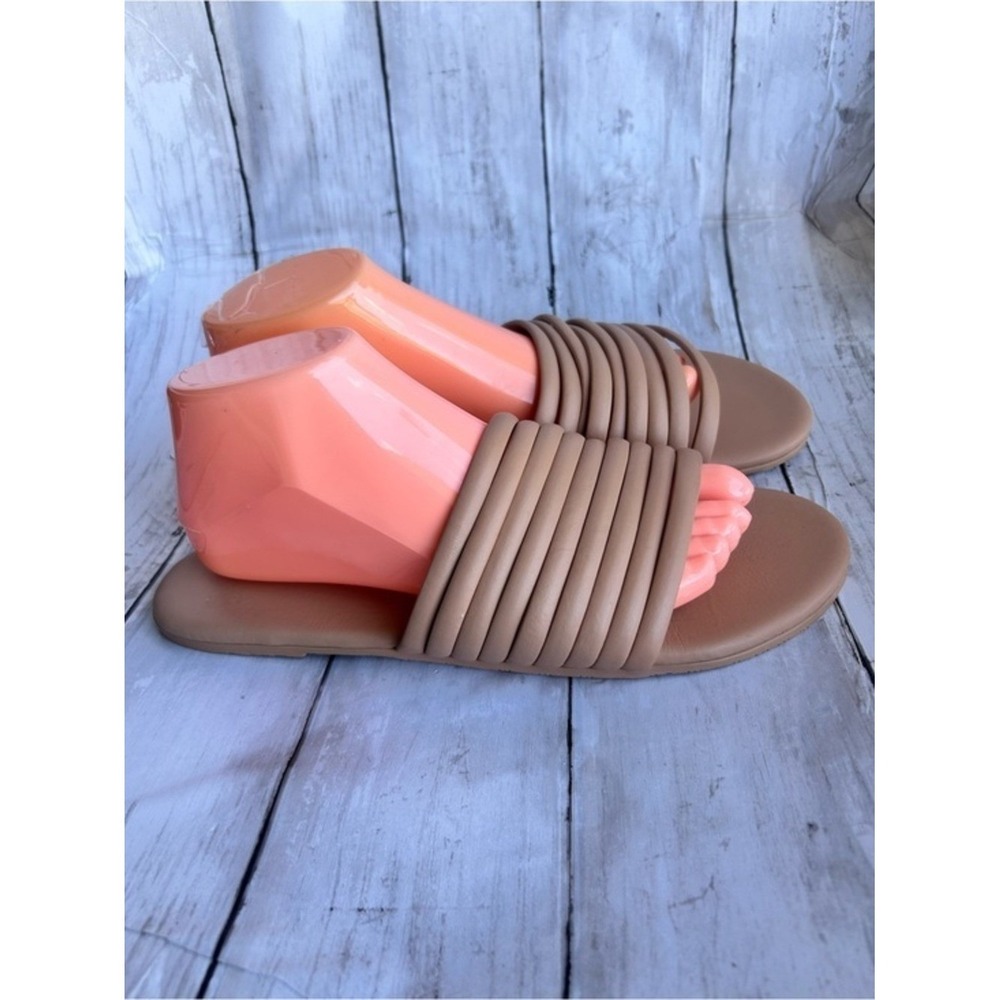 TKEES Caro Slide Sandals Nude Tan Leather Multi Strap Flat Shoes Womens 10